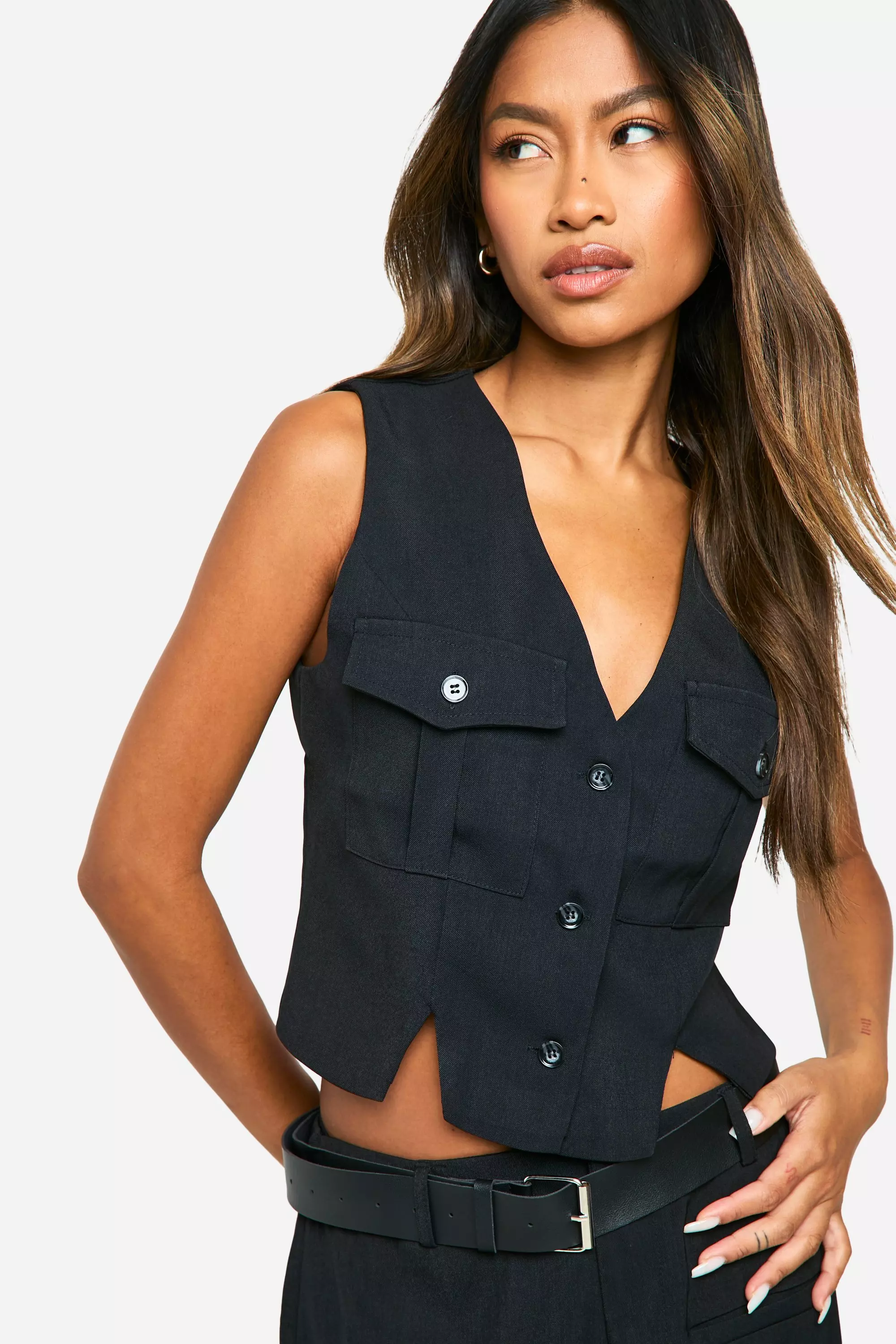 Black Cargo Pocket Woven Waistcoat  alternative image