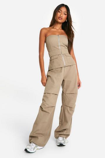 Foldover Waistband Ruched Knee Drawstring Hem Cargos khaki