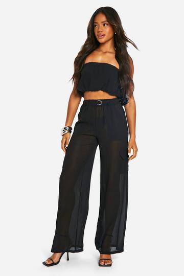 Black Sheer Belted Woven Cargos