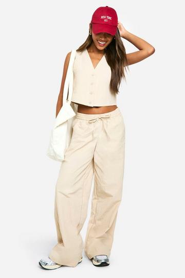 Stone Beige Nylon Tie Waist Pants