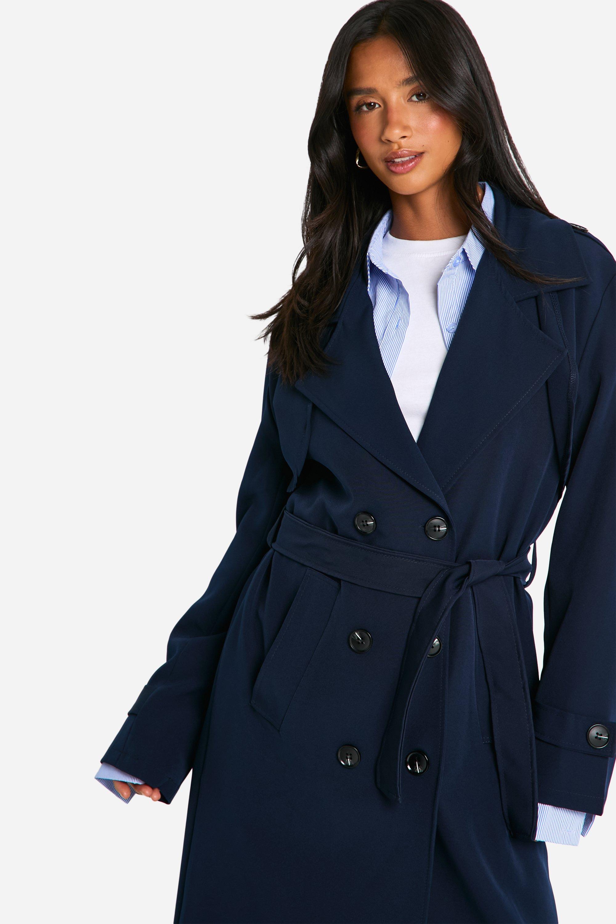 boohoo Petite Button Detail Belted Trench Coat Navy Size 12