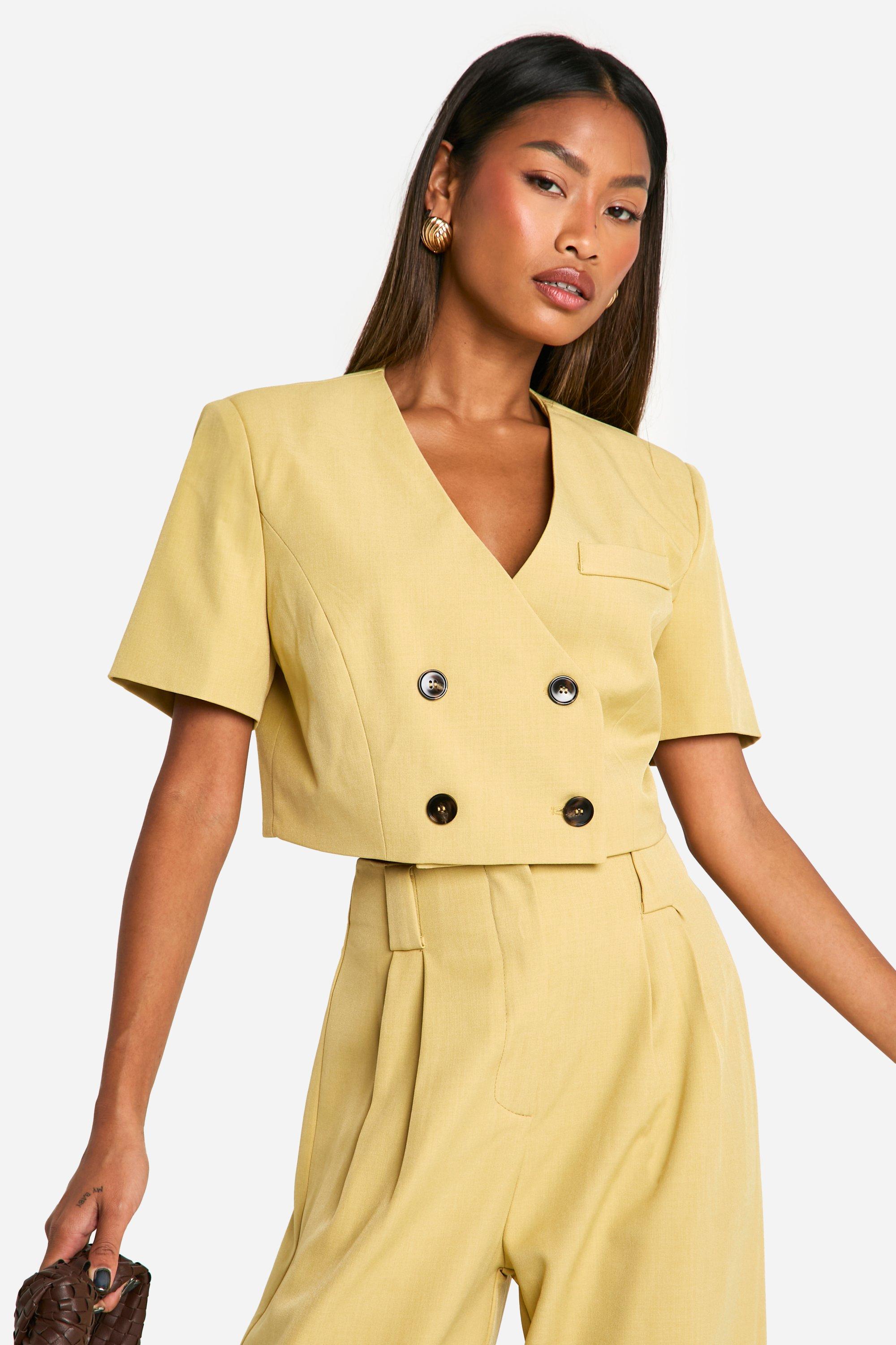 Butter Contrast Button Collarless Cropped Blazer