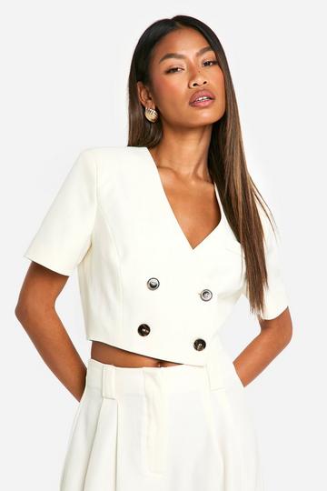 Contrast Button Collarless Cropped Blazer ivory