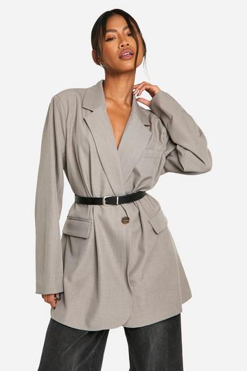 Getailleerde Lange Mergel Blazer Met Ceintuur taupe