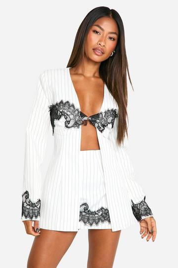 Pinstripe Contrast Lace Plunge Front Blazer ivory