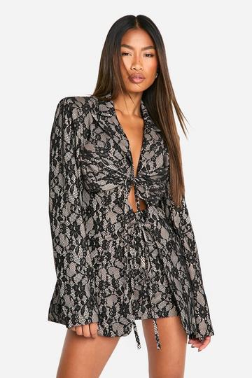 Contrast Lace Tie Front Fitted Blazer black