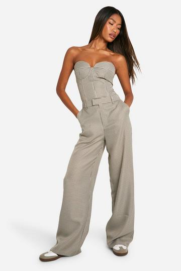 Stone Beige Tonal Check Straight Leg Trousers