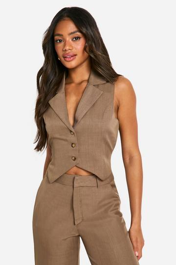 Marl Mock Horn Tie Waist Fitted Waistcoat mocha