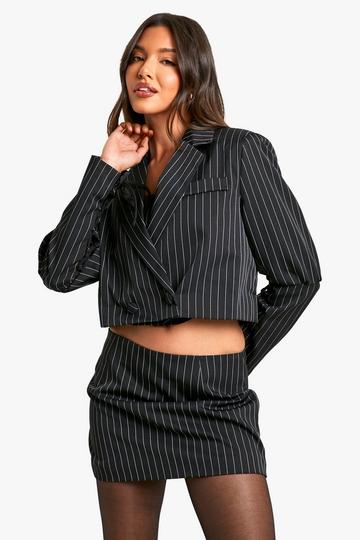 Black Pinstripe Lace Up Sleeve Cropped Blazer