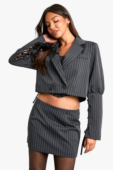 Pinstripe Lace Up Sleeve Cropped Blazer charcoal