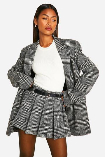 Premium Wool Look Check Belted Mini Skirt black