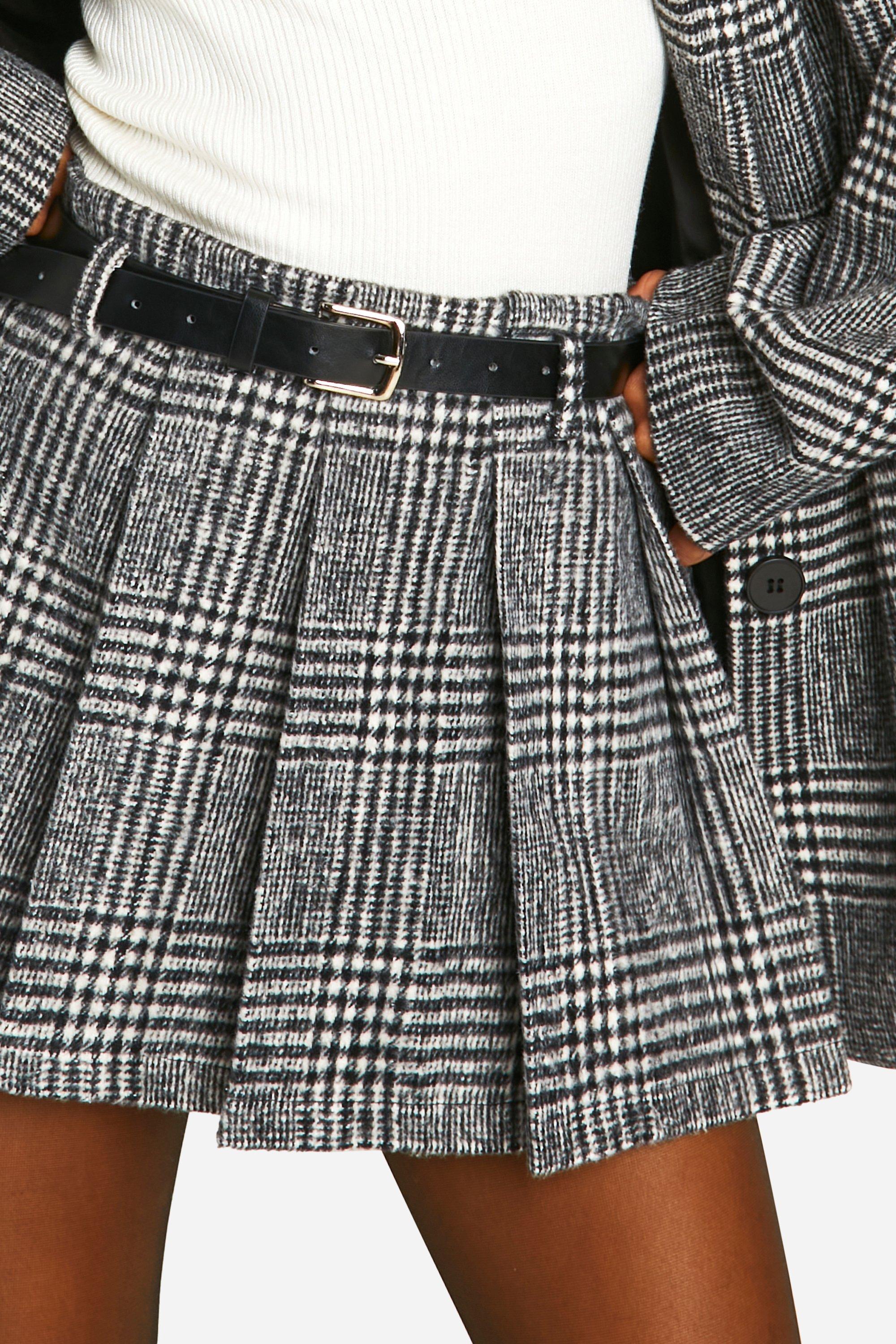 Premium Wool Look Check Belted Mini Skirt