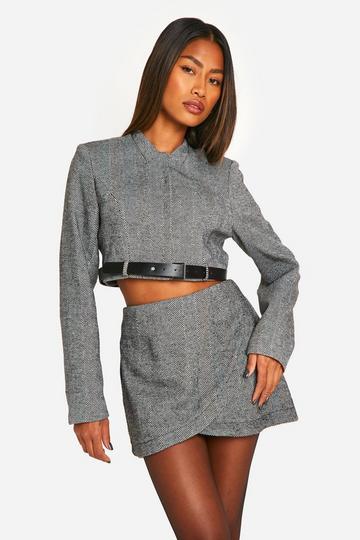 Black Herringbone Wrap Front Mini Skirt