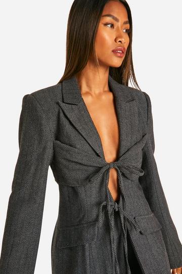 Herringbone Tie Front Fitted Blazer charcoal