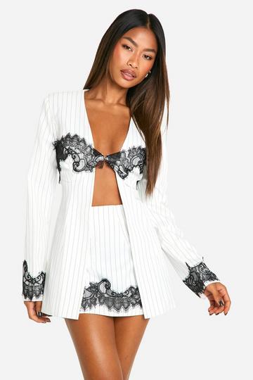 Pinstripe Contrast Lace Micro Mini Skirt ivory