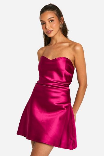 Magenta Pink Satin Bandeau A Line Mini Dress