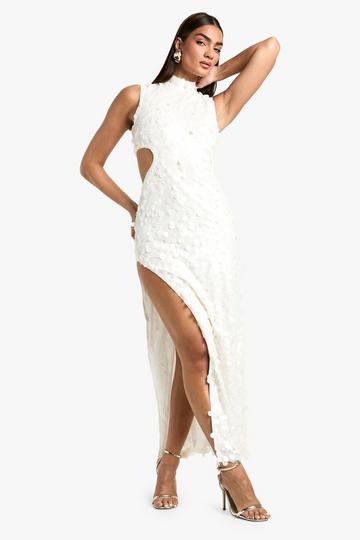 Sequin High Neck Cut Out Split Leg Maxi Dress white