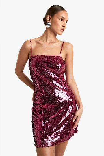 Sequin Square Neck Mini Dress hot pink