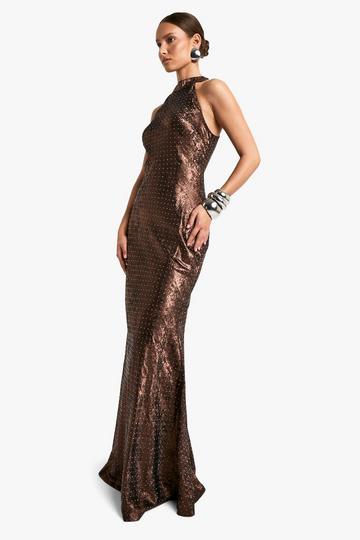 Cowl Neck Satin Rhinestone Halter Maxi Dress chocolate