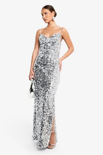 Sequin Cowl Neck Maxi Slip Dress silver