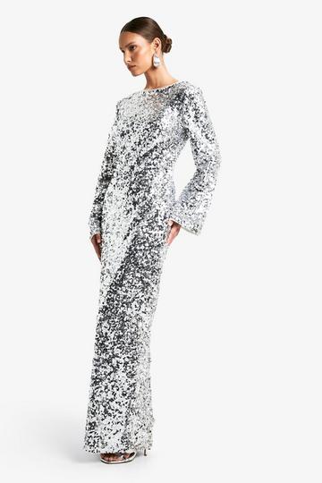 Robe longue pailletée à col rond silver