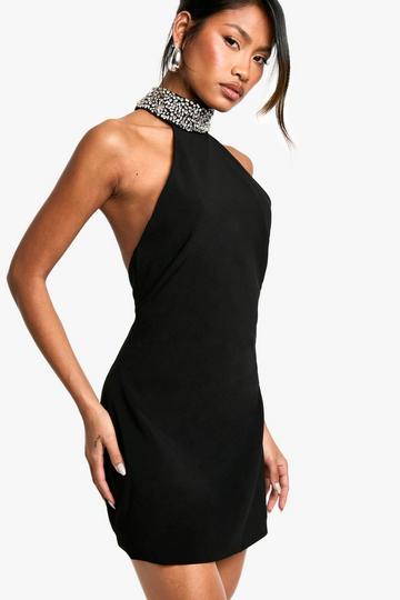 Diamante Hand Embellished Halterneck Dress black