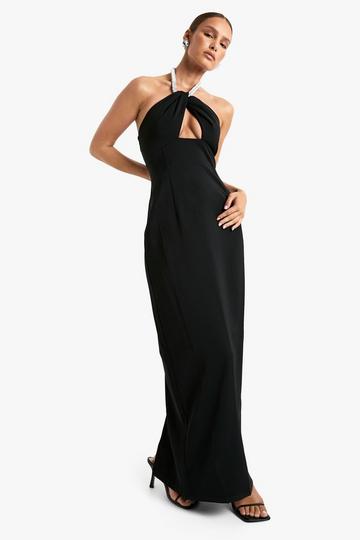 Black Rhinestone Trim Halter Maxi Dress