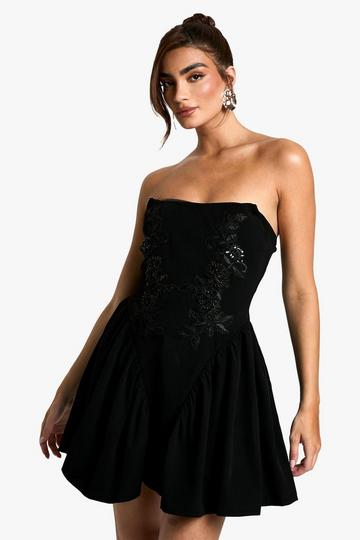 Embellished Woven Crepe Mini Skater Dress black