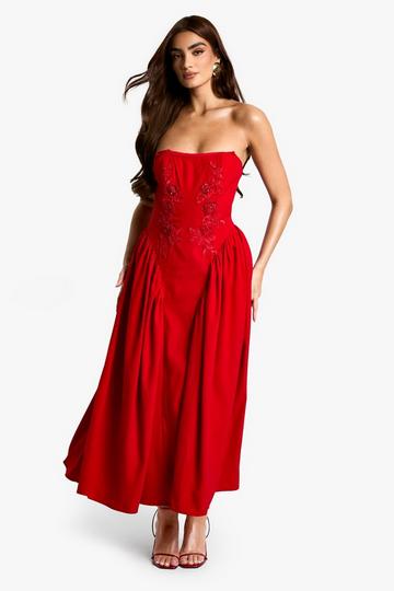 Embellished Woven Crepe Midaxi Skater Dress red