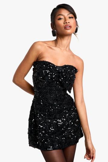 Black Bow Detail Boucle Sequin Shift Mini Dress