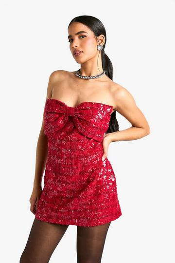 Bow Detail Boucle Sequin Shift Mini Dress red