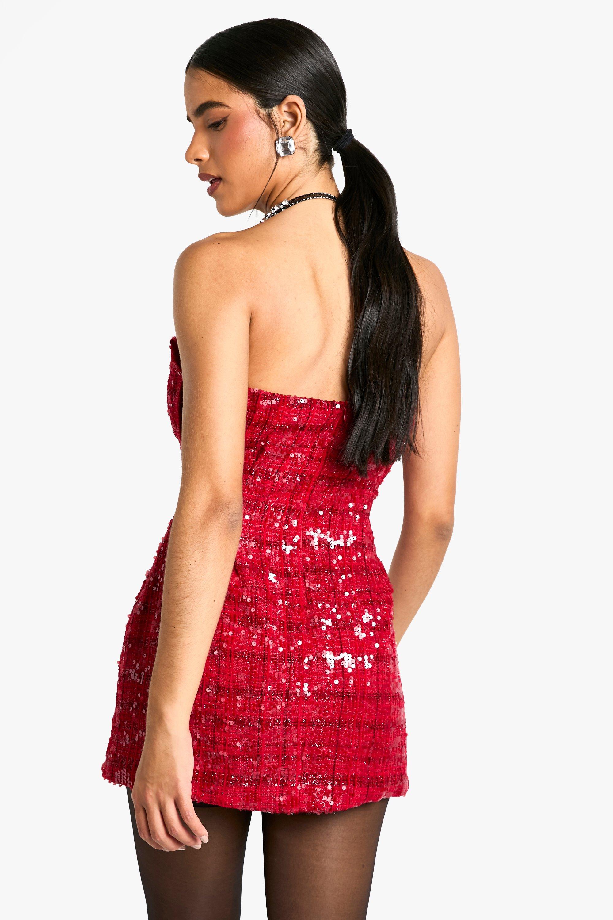 boohoo Bow Detail Boucle Sequin Shift Mini Dress Red Size 14