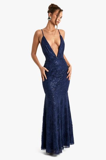 Navy Lace Sequin Plunge Maxi Dress