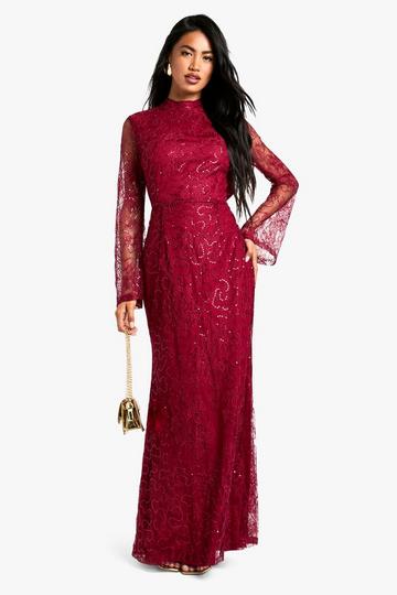 Red Lace Sequin Open Back Maxi Dress