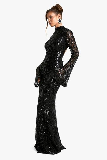 Black Demask Open Back Maxi Dress