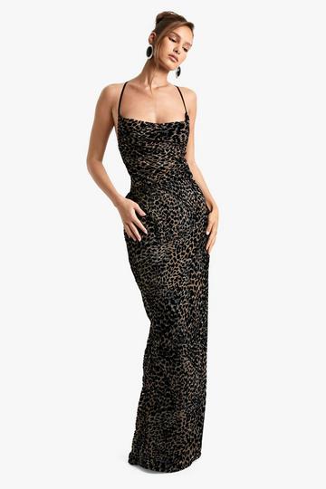 Brown Leopard Devore Cowl Neck Tie Back Maxi Dress