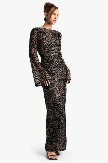 Leopard Devore Flare Sleeve Back Maxi Dress brown