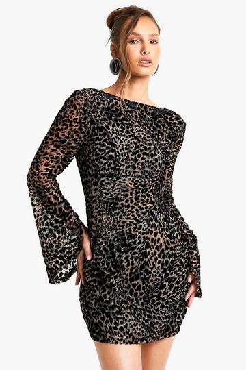 Brown Leopard Devore Flare Sleeve Back Mini Dress