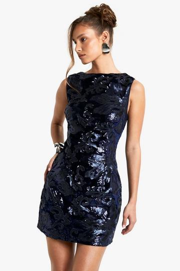 Navy Slash Neck Demask Sequin Mini Dress