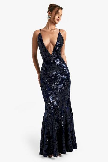 Navy Plunge Strappy Demask Sequin Maxi Dress