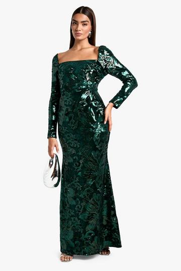 Demask Glitter Maxi Jurk Met Vierkante Hals En Pailletten emerald