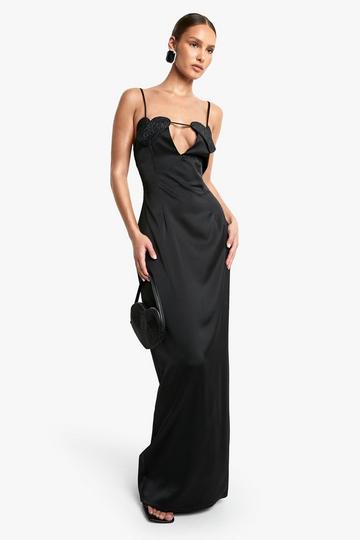 Diamante Heart Satin Maxi Dress black