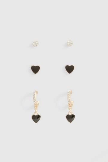 Gold Metallic Enamel Heart 3 Pack Earrings