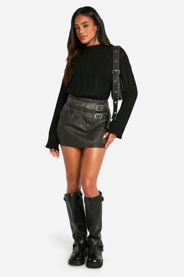 Double Belted Washed Pu Micro Mini Skirt vintage wash