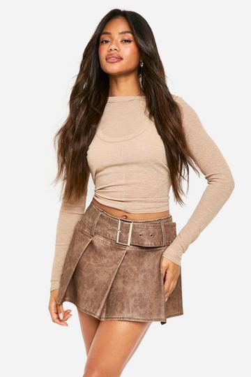 Washed Pu Low Rise Belted Pleated Mini Skirt vintage wash