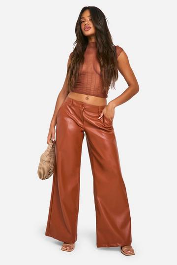 Low Rise PU Wide Leg Broek dark tan