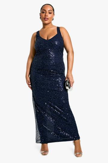 Navy Plus Beaded Sequin Plunge Maxi Dress