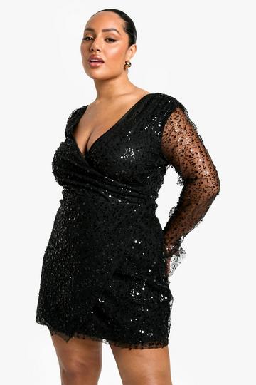 Plus Beaded Sequin Wrap Dress black