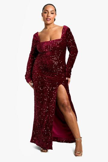 Plus Sequin Velvet Split Maxi Dress berry