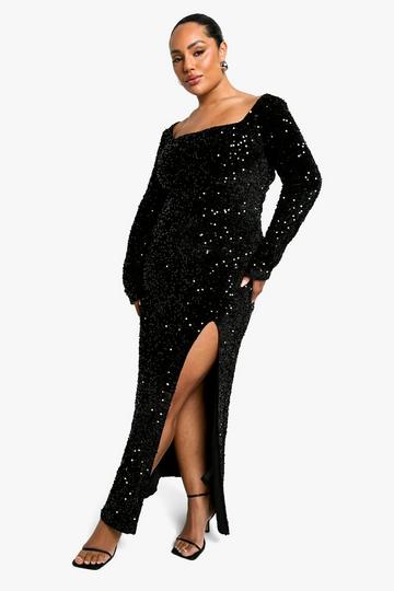 Plus Sequin Velvet Split Maxi Dress black